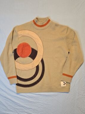 Davoucci Beige Graphic Patchwork Knit Sweater with Orange Accents Vintage Y2K
